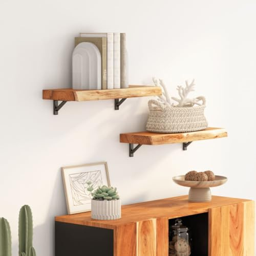 Teenpull Wandregal 40x20x3,8 cm Rechteckig Massivholz Akazie Baumkante, Naturkante Schweberegal Holzregal für Wohnzimmer Büro Arbeitszimmer, Langlebiges Akazienholz, 75 kg Belastbarkeit