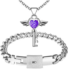 Flongo Lock and Key Couple Jewellery: 2 Pieces  Her Necklace with Heart Pendant and Blue Crystal Wing Design, His Cuban Link Bracelet,  Gift for Couples
