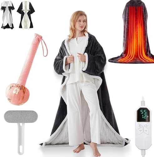 Electric Heated Wearable Blanket - Flannel,USB Heated Blanket, 6 Heating Levels & Timer, Wearable with Built-in Foot Pockets & Sleeves,Heating Wrap Poncho Shawl for Family, Friends (no Foot)