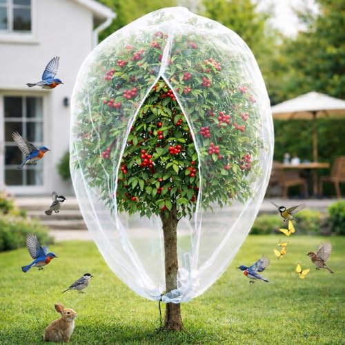 Fruit Tree Netting Bird Protection with Zipper & Drawstring, 185 x 185 cm Garden Netting Mesh Plant Cover, 60 Mesh Insect Barrier for Blueberry Bushes, Strawberry, Vegetables & Tomato Plants