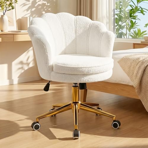Hellove Schminktisch Stuhl aus Teddy, Schreibtischstuhl Bürostuhl mit Rollen, Weiß Muschel Schminkstuhl mit Gold Metallbeinen, Vanity Sessel Drehstuhl Höhenverstellbar für Schlafzimmer