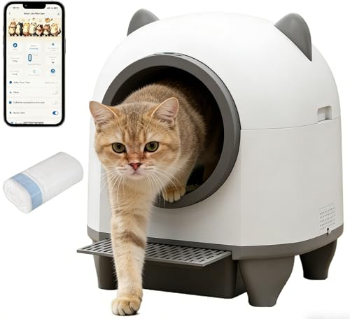 COSTWAY Litiere Chat Autonettoyante 80L, Bac Litiere Chat Automatique, Anti-Fuites/Pincement/Odeur, 10 Capteurs de Sécurité Radar, Contrôle APP, Sacs Poubelle, Nettoyage Facile, pour Plusieurs Chats