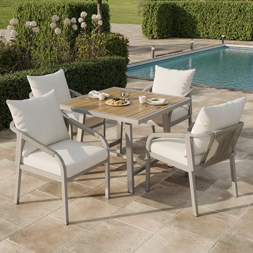 Mrwoo Gartenmöbel Set für 4 Personen, Garten Essgruppe mit 1 Tisch und 4 Stühlen, Verzinktes Stahlrohr, Kunstholz Tischplatte, Geflochtenes Design, Garten Sitzgruppe, Khaki + Beige