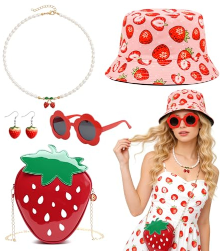 Jokureao 5Stück Erdbeer Kostüm Accessoires Set, Damen,mit Anglerhut Lustig, Sonnenbrille, Ohrringe, Erdbeertasche, Bucket Hat für Fasching Karneval Mottoparty