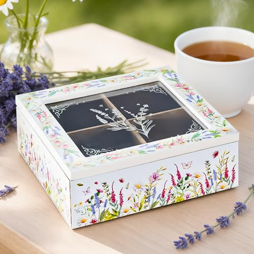 Générique Boîte à Thé Motif Floral 4 Compartiments avec Fenêtre Verre - Organisateur Sachets Thé & Infusions -Rangement thé - Boite a Tisane (Blanc/Rose, Fleurs Champêtres) Déco Maison - Idée Cadeau