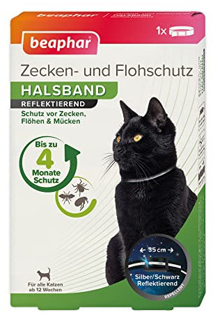 BEAPHAR - Zecken- Und Flohschutz Halsband - Für Katzen Ab 12 Wochen - Repellent - 4 Monate Schutz Vor Zecken, Flöhen Und Mücken - Regenfest - Reflektierend - Bandlänge 35 cm - Silber / Schwarz