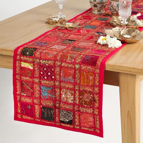 Waschbar Baumwolle Lutscher Rot Tischläufer 40 x 182 cm Dekorativ Indische Hand Bestickt Patchwork Tischset für Küche Raum Esstisch Weihnachten Hochzeitsfeier