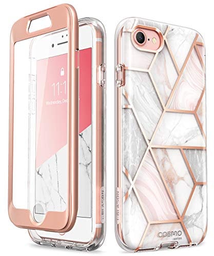 i-Blason Cosmo Bumper Case for iPhone SE 2022/2020, iPhone 8, iPhone 7, [Built-in Screen Protector] Stylish Marble Pink Case with TPU Bumpers and PC Back, Wireless Charging Compatible