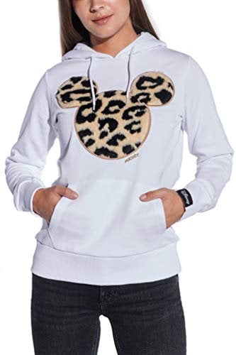 Course Damen Hoodie Original Mickey Mouse Flock Fake Fur Animal Print Leo Disney, Weiß, S