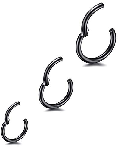 3 Stk 8/10/12mm 16G Edelstahl Nasenring schwarz Damen Herren Septum Clicker Ring Nasenring Set Ohr Lippen Nasenpiercing Lippenpiercing Knorpel Creolen für Männer Frauen