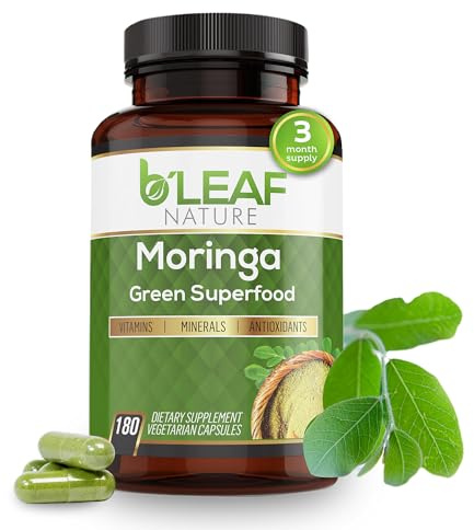 B'Leaf Nature Moringa Capsules Organic 1000mg — Pure Moringa Oleifera Leaf Powder Capsules for Energy & Immune Support | Non-GMO Gluten Free Vegan Superfood | 180 Veggie Capsules