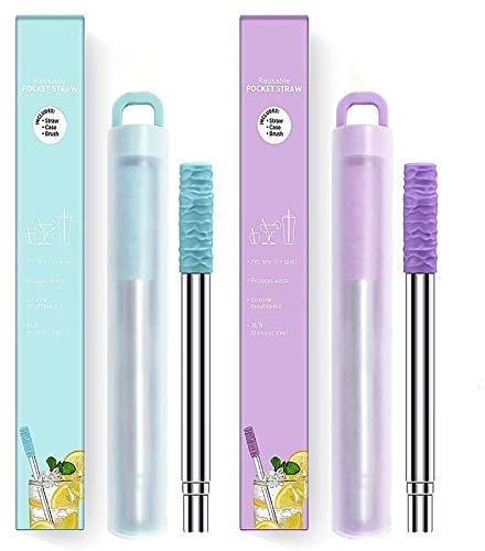 2 Stück Tragbares Edelstahl Strohhalm set, Wiederverwendbare Zusammenklappbare Strohhalme mit Silikonspitze Teleskop Strohhalme Trinkbar für zu Hause oder Unterwegs (Lila + Blau)