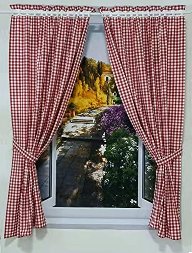 Yaland Vorhänge mit Karo-Muster Landhausstil Gardinen Karo-größe 1x1cm Wohnzimmer Gardinenschals mit Raffhalter (HxB 100x80cm, rot) 2 Stück