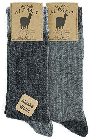 GoWith Alpaca Wool Socks for men and women, 2 pairs multipack, fine knit, warm, soft, cosy, natural wool, thermal, thick boot socks, walking hiking camping, grey size 6-8