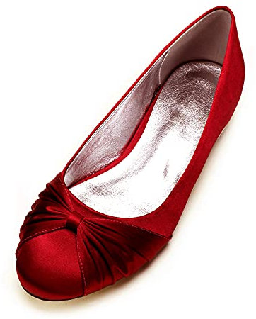 Bridal Shoes Womens Ballet Flat Slip on Bow Tie Round Toe Ballet Pumps Dolly Shoes,Dark red,7 UK