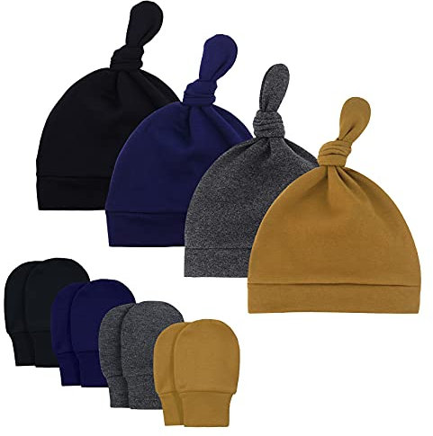 Durio Neugeborenes Babymütze und Handschuhe Set Knoten Beanie Hut Kratzfäustlinge Baby Jungen Mädchen 0-6 Monate 4er Set Schwarz Dunkelgrau Navy u. Kaffee