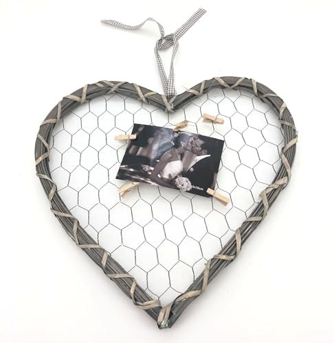 Intertoys Fotohalter Herz 40x40cm Holz Herz mit Gitter und 5 Klammern Bilderhalter Rahmen