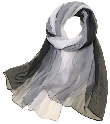 KAVINGKALY Frühling Frauen Seiden Schal Georgette Farbverlauf Wrap Soft Long Lightweight Accessoire Schals(Grau und Schwarz)