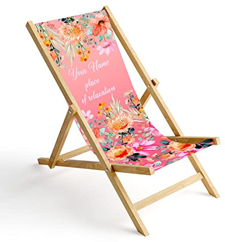 Ferocity Personalisierbarer Holz-Liegestuhl Klappbar Klappliegestuhl Sonnenliege Strandstuhl Wechselbezug Motiv Akwarel Blumen [119]