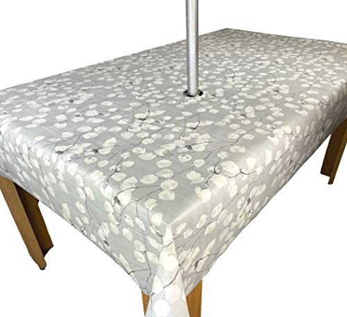 Karina Home Outdoor Garden Tablecloth with Parasol Umbrella Hole Grey Floral Leaf Wipe Clean 140cm x 140cm