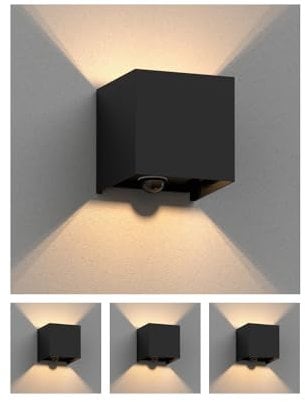 ledscom.de 4 Stück Wandleuchte CUBEL für außen, IP65, Up-/Downlight, Bewegungsmelder, schwarz matt, quadratisch, 1x G9 max. 10W