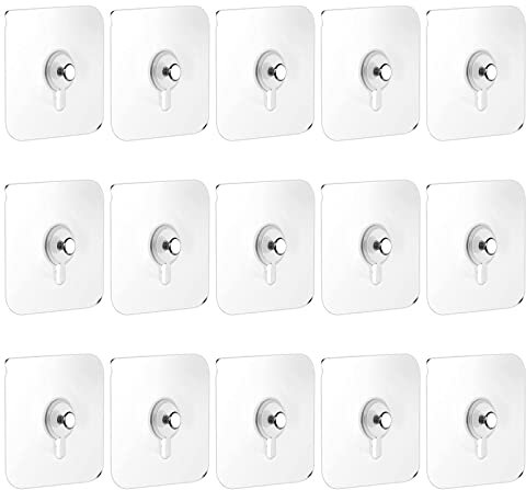 VEGCOO 15 Pcs Attaches Murales sans Percer, Crochets Transparents Auto-adhésifs sans Clous pour Accrocher des Horloges, des Photos, des Peintures