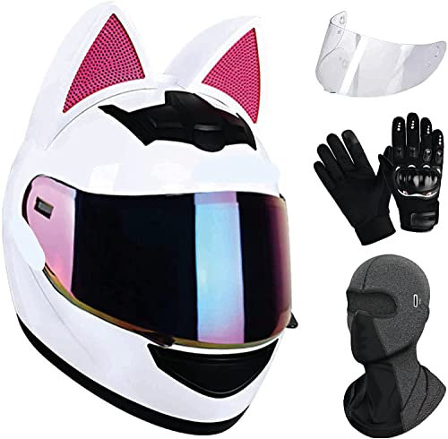 Herren und Damen Katzenohren Klapp-Motorrad Modularer Helm Integral-Motorradhelm, süße Katzenohren-Helme mit HD-Visier mit Handschuhen und Gesichtsschutz DOT/ECE-Zulassung
