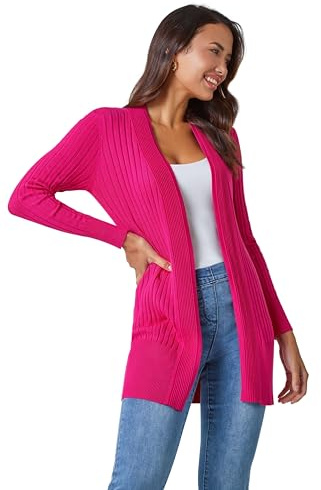 Roman Originals Ribbed Edge to Edge Cardigan for Women UK - Ladies Autumn Everyday Winter Holiday Pull-On Long Sleeves Comfy Soft Vacation Work - Cerise - Size 14
