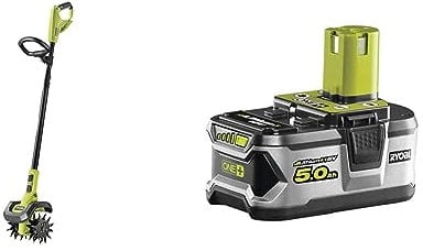 RYOBI RY18CVA-0 18V ONE+ Cordless Garden Cultivator (Bare Tool), Hyper Green & RB18L50 ONE+ Lithium+ 5.0Ah Battery, 18 V