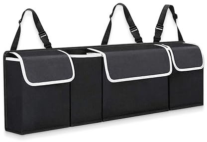 POFIBO Organizer per Bagagliaio Auto, Borsa Portaoggetti in Tessuto Oxford, Pieghevole e Impermeabile con Nastro a Strappo e 4 Tasche, Adatto a Tutti i Tipi di Auto