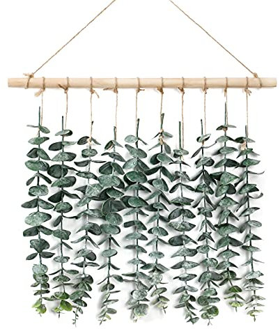 Weldomcor Künstlicher Eukalyptus, Wandbehang, Dekoration, Grün, Boho-Chic, Heimdekoration, Bauernhaus, rustikale Pflanzen mit Holzstab für Schlafzimmer, Wohnzimmer, Wohnung, Ornament, Geschenk