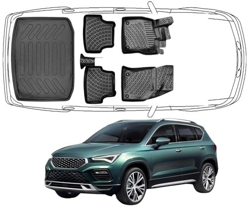Trimak Passgenau 3D Fussmatten & Kofferraumwanne Auto Set Kompatibel mit Seat Ateca 4X2 ** Modelle ohne Reserverad ** 2016-2024 Auto Zubehör Autos TPE Allwetter Geruchlos rutschfest Schwarz