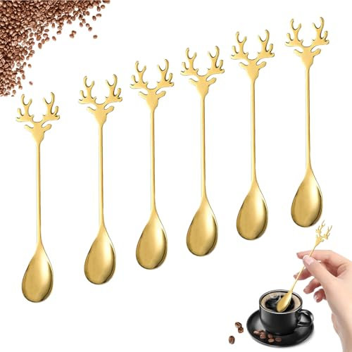 6 Stück Löffel Gold Weihnachten Elch, Edelstahl Löffel, Besteckset Weihnachten, Weihnachtslöffel lang, Weihnachts Kaffeelöffel, Dessertlöffel, Teelöffel,Weihnachtsbesteck Set.
