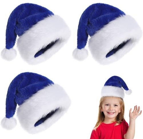 POPOYU 3 Stück Weihnachtsmütze Nikolausmütze Kinder,Weihnachtsmann Kostüm Nikolausmütze,Blau Mütze Dicker Plüsch Fellrand aus Plüsch Nikolaus,Weihnachtsmann Mütze für Herren/Damen