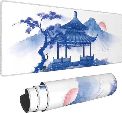 Tapis de Souris Gaming XXL 1200x600x2mm Grand Tapis de Souris sous-Main de Bureau Surface Spéciale Améliore la Précision et la Vitesse pour PC Gamer Ordinateur - Paysage Bleu Blanc