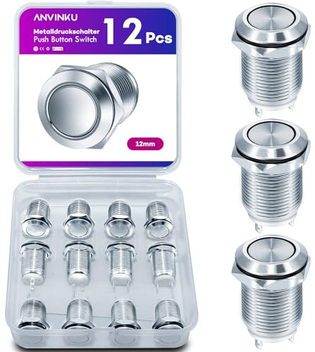 ANVINKU Drucktaster 12 Stück, 12mm Taster, Wasserdichte Tastschalter, 2A/12V/24V/125V/250V Druckschalter, Flachkopf Druckschalter für hupen, Auto Runde