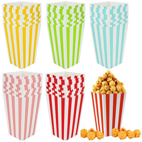 Nadisean 50 Pièces Boite Pop Corn Petite, 5 Couleurs Boite a Pop Corn, Rétro Popcorn Boite à Rayures, Boîtes à Popcorn Conteneur Carton en Papier, pour Anniversaires, Soirées, Cinéma, Fête