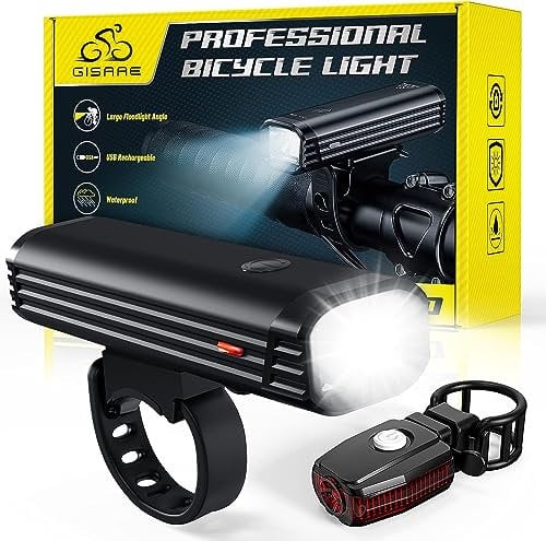 Gisaee Fahrradlicht, USB C Wiederaufladbare Fahrrad licht Set, Super Helles Frontlicht und Hinteres LED Fahrradlampe, Lange Akkulaufzeit mit 2000mah Lithium-Batterie, IPX5 wasserdichte