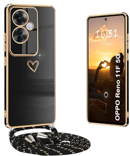 Yutwo Handykette Oppo Reno 11F 5G Hülle mit Band, Handyhülle Oppo Reno 11F 5G mit Band Stoßfeste Hülle mit Love Herz Galvanik Kordel Schutzhülle, Schwarz