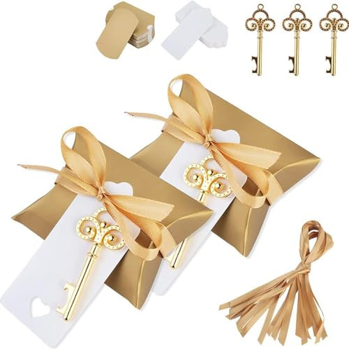 Homeriy 30 pezzi Apribottiglie vintage e cuscino Set di scatole di caramelle - Apribottiglie chiave oro a forma di cuore vintage scheletro apribottiglie - Preferenza di nozze souvenir regali per