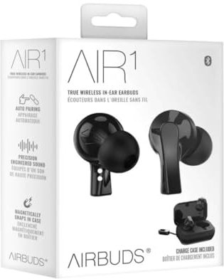 Airbuds Air 1 True Black Wireless Airbuds, In Ear Headphones, Bluetooth Earbuds with Wireless Charging Case, Clear Sound