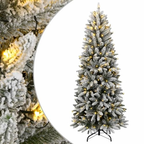 vidaXL Künstlicher Weihnachtsbaum, Tannenbaum mit Schnee LED-Beleuchtung 300 LEDs 180cm, Christbaum mit Metallständer, Weihnachtsdeko Kunstbaum Dekobaum
