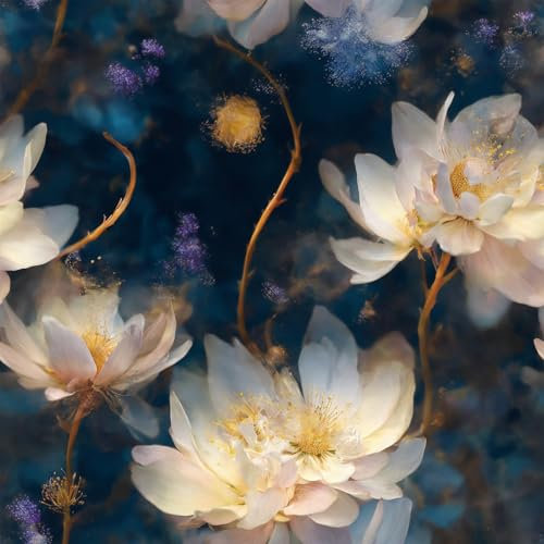 Livelynine Self Adhesive Blue Wallpaper Floral Wallpaper for Bedroom Women Living Room Hallway Feature Wall Paper Roll Stick on Navy Vinyl Wrap for Furniture Patterned White and Gold Flower 44.5CMx2M