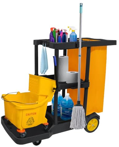 Putzwagen Reinigungswagen mit 3 Fächern Profi Gewerbe Reinigungswagen mit Müllsack, 113 x 56 x 93 cm, Putzwagen Haushaltswagen mit 4 Rollen, Große Kapazität 65 L Müllsack, Gelb + Schwarz