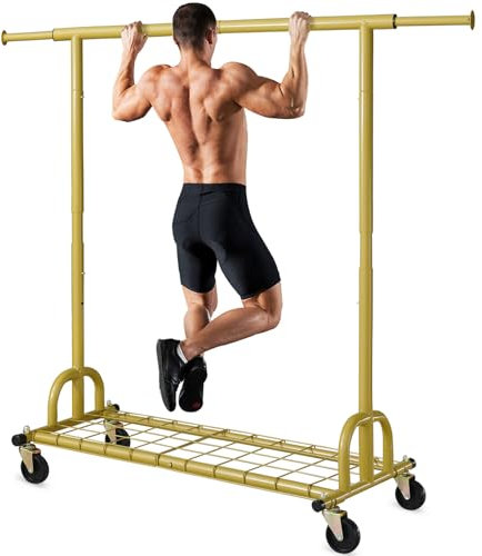 HOKEEPER Portant à vêtements avec étagères, capacité de 200 kg, sur roues, doré