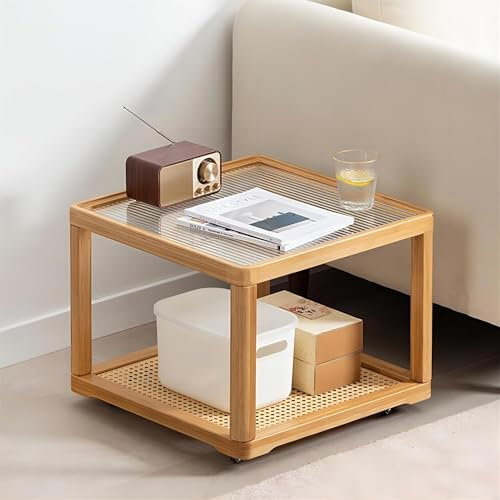 Mesa de centro de cristal, mesas de centro cuadradas pequeñas para espacios grandes o pequeños, mesas de noche de ratán, mesa central de 2 niveles de longitud ajustable, para sala de estar, dormitorio
