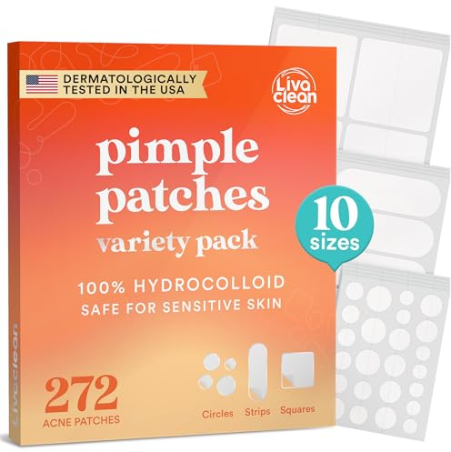 LivaClean 272 CT Pimple Patches Variety Pack – Hydrocolloid Patches for Face, Spot Stickers for Blemishes, Acne Patch, Hydrocolloid Pimple Patch Set with Circle, Square & Strip Shapes XL