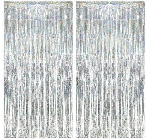 KOOSREEL Lametta 2 Metall, silberfarben (1 x 2 m), Dekoration aus Glitzerfolie für Silvester, Hochzeitsfeier, Geburtstagsdekoration, Vorhänge mit Fransen, aus Aluminium, Silber, 2pcs, 2