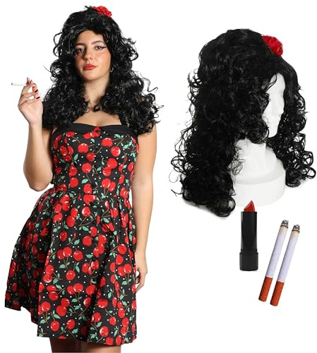Damen-Kostüm-Set der 00er Jahre, Größe L / XL, lange lockige schwarze Perücke, gestylt in einen Bienenstock, schwarzes Kleid, künstliche Zigaretten und roter Lippenstift, perfekt für