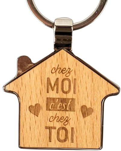 Ernestine - Porte-clés couple maison et amour - cadeau couple saint valentin amoureux - cadeau amour homme femme - cadeau amitie gravure sur bois - cadeau en forme de coeur